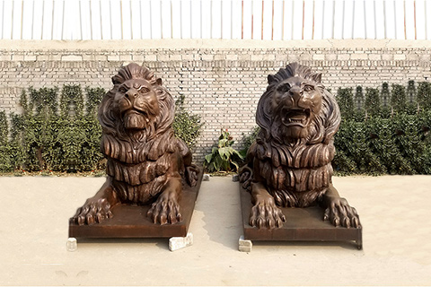 Antique Pair of Life Size Bronze Lion Statues Outdoor Garden for Sale BOKK-652