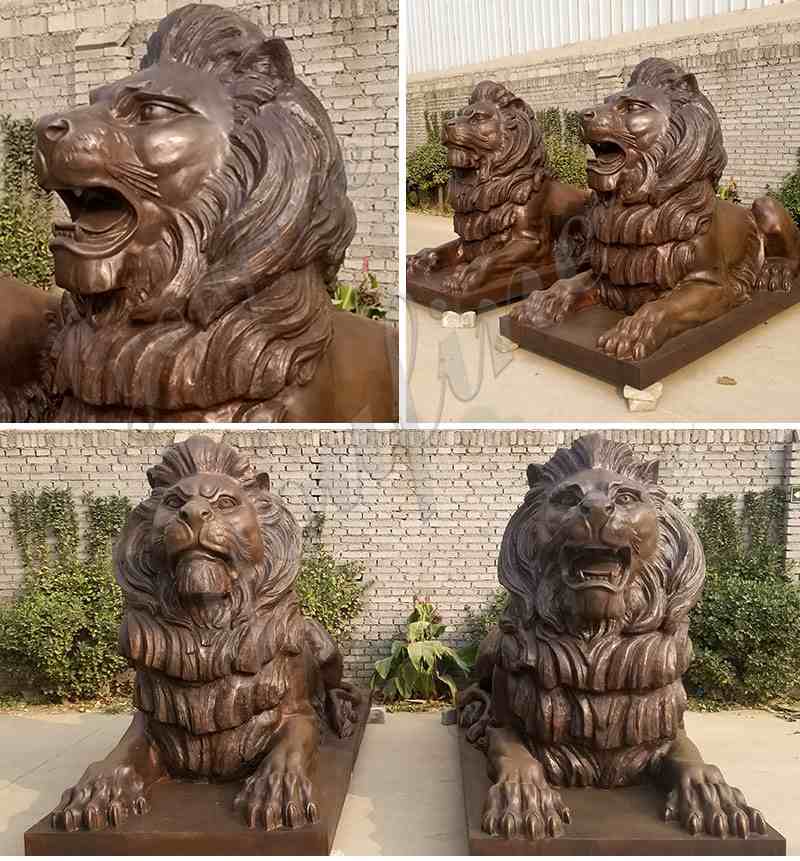 Antique Pair of Life Size Bronze Lion Statues Outdoor Garden